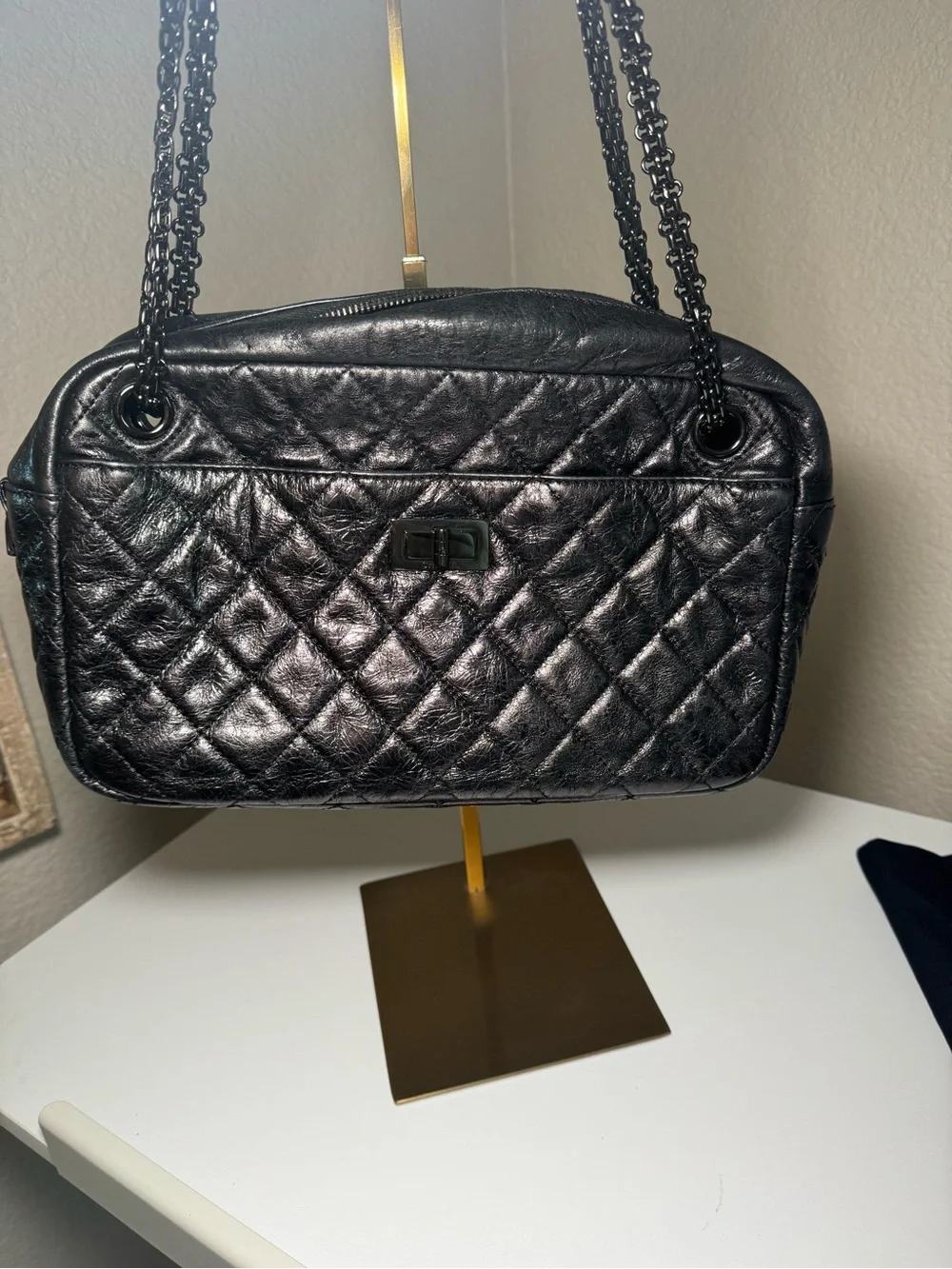 Authentic CHANEL 2.55 Reissue Medium Camera Bag Black Aged Calfskin Ruthenium